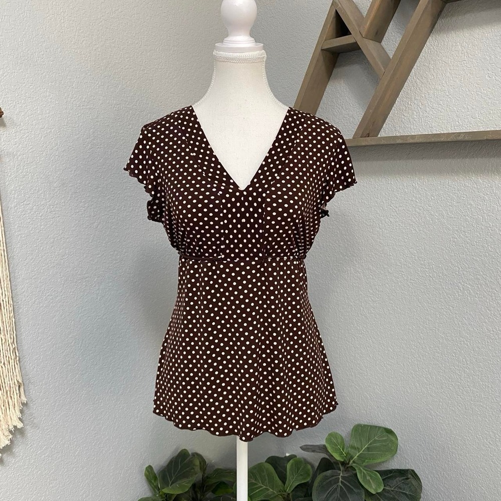 JTB BROWN POLKA DOT BABYDOLL TIE BACK TOP FLUTTER SLEEVES COTTAGECORE DARK FAIRY